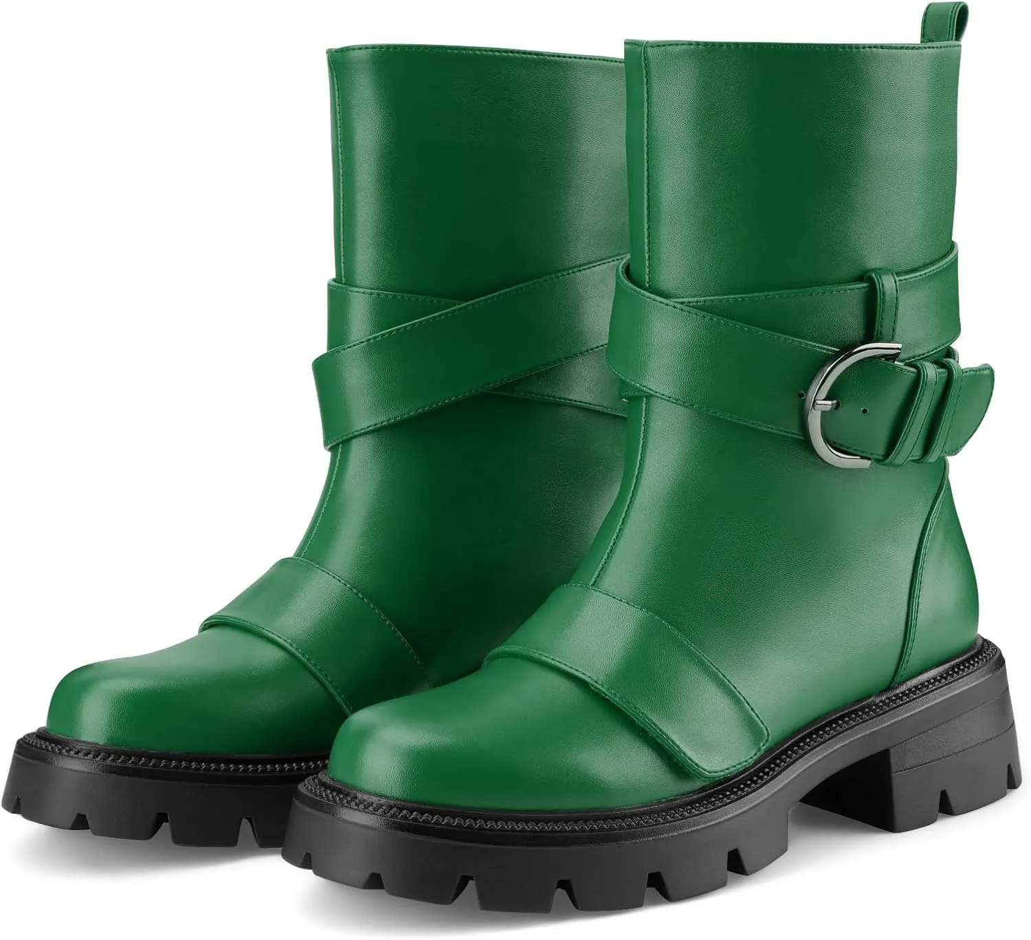 Women's Mid Calf Black Boots Biker Motorcycle Riding Booties Round Toe Slip On Comfortable Chunky Lug Sole Shoes with Buckle for Ladies