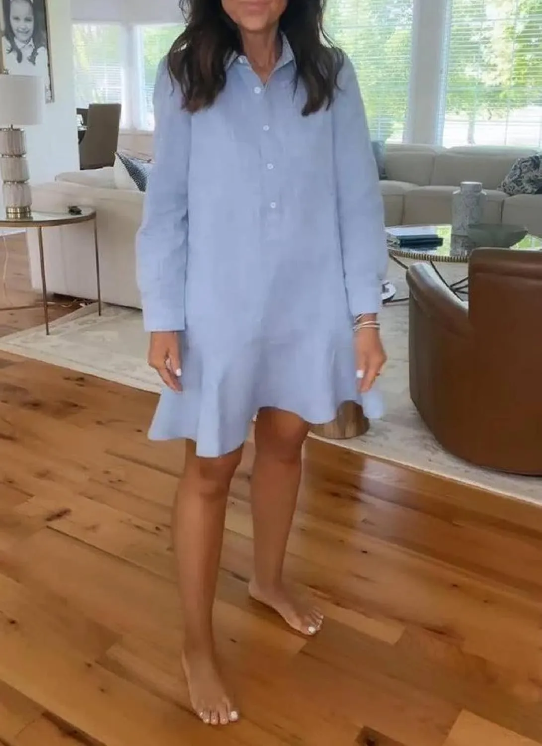 Womens Mini Dress V-Neck Long Sleeve Blue Solid Color Bottons Casual Chic 2025 Spring Summer Beach Vacation Dress