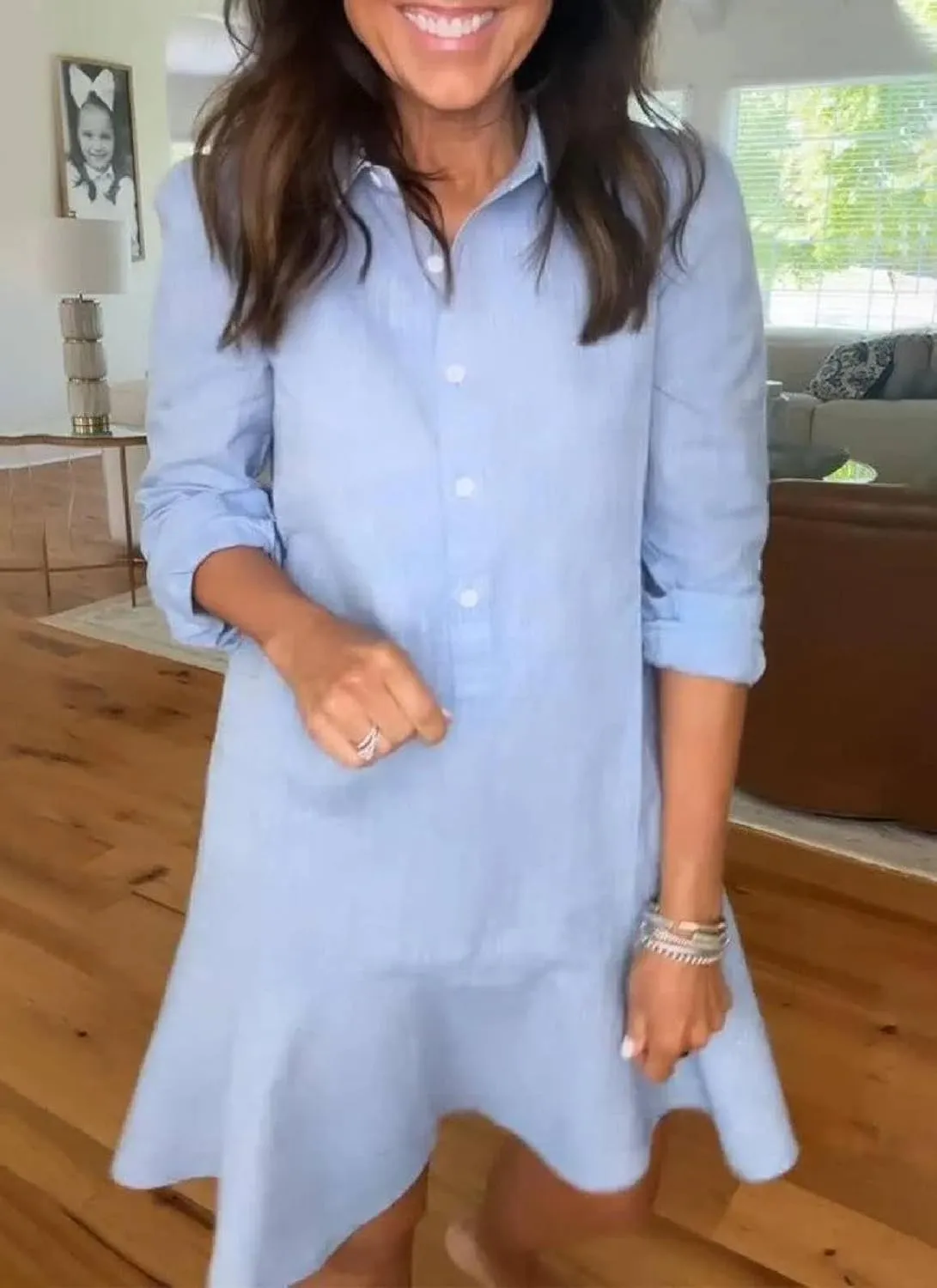 Womens Mini Dress V-Neck Long Sleeve Blue Solid Color Bottons Casual Chic 2025 Spring Summer Beach Vacation Dress