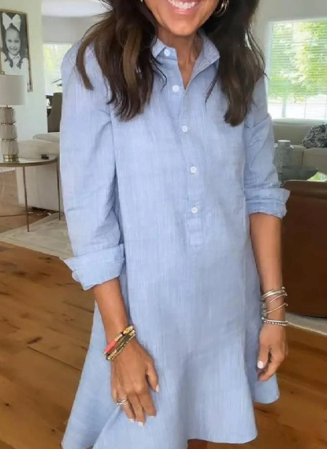 Womens Mini Dress V-Neck Long Sleeve Blue Solid Color Bottons Casual Chic 2025 Spring Summer Beach Vacation Dress