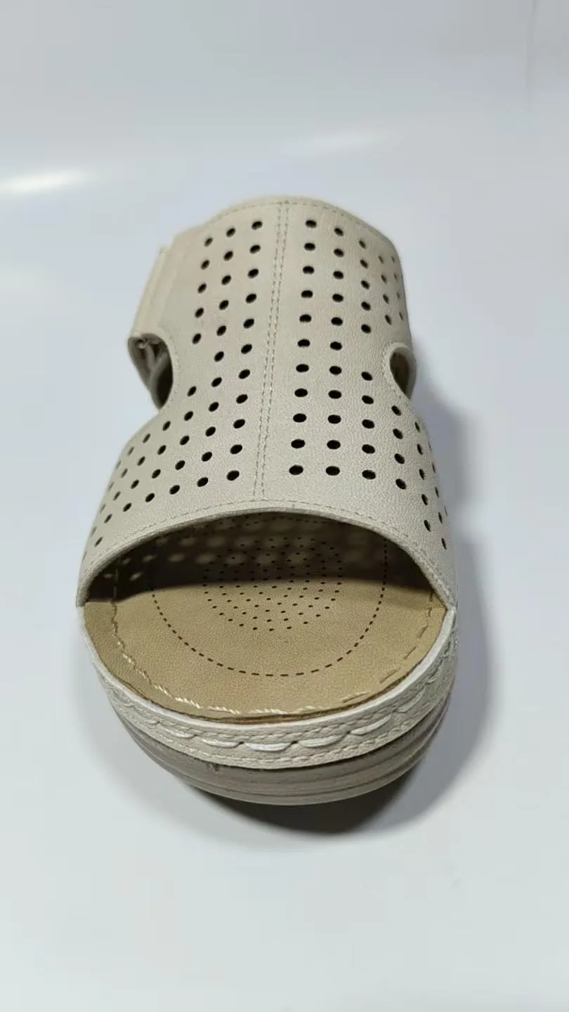 Women's Perforated Comfort Slide Sandals, Beige, Slip-On Wedge Heel