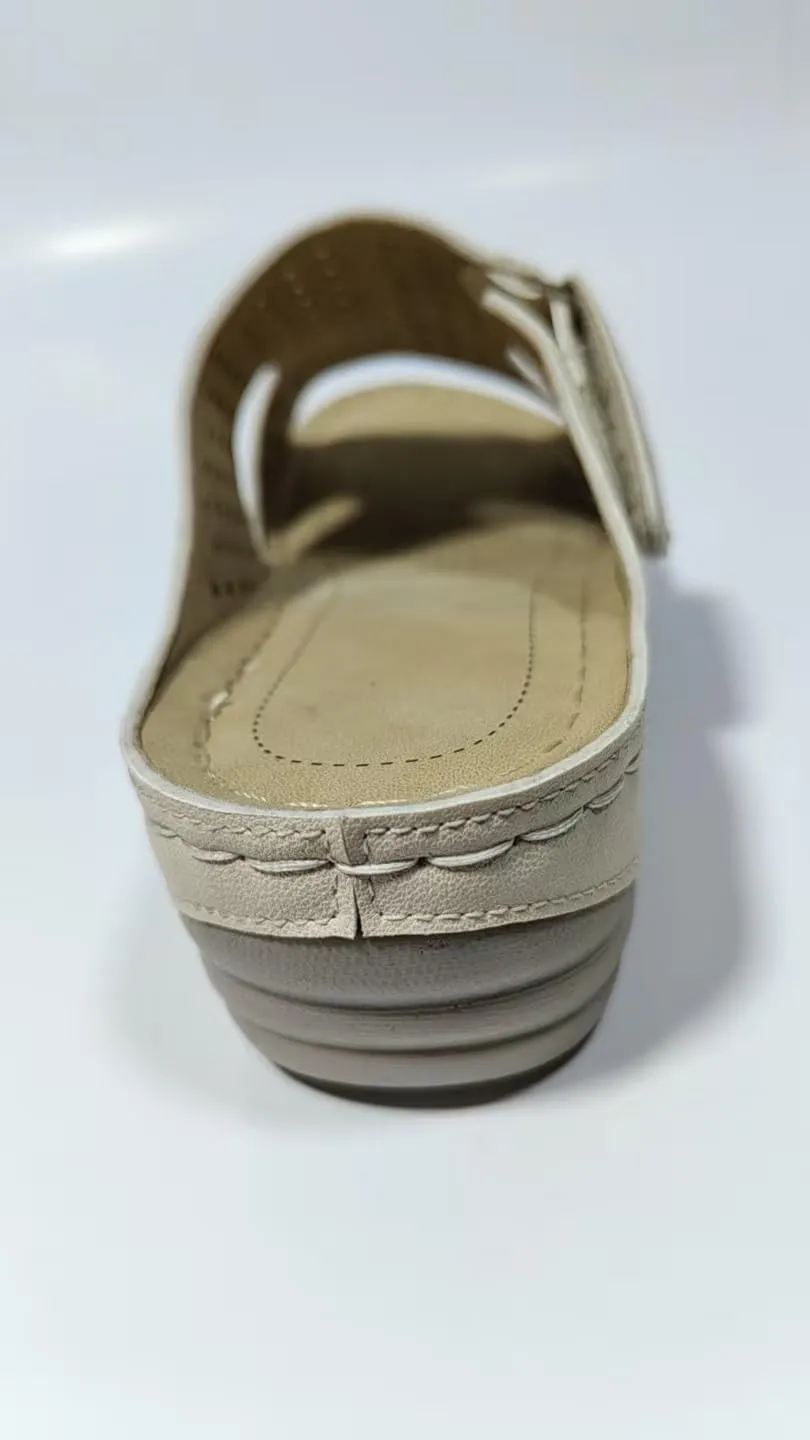 Women's Perforated Comfort Slide Sandals, Beige, Slip-On Wedge Heel