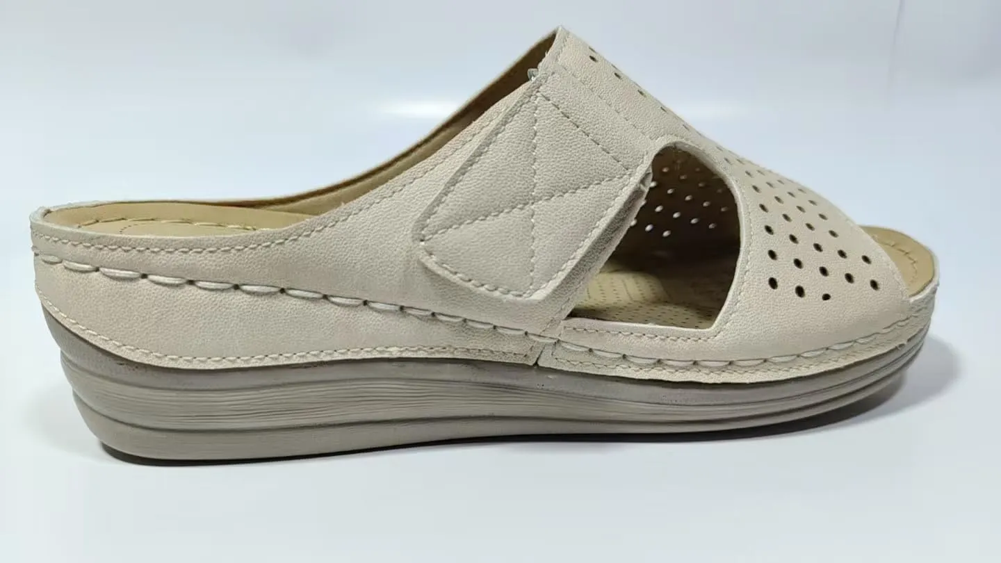 Women's Perforated Comfort Slide Sandals, Beige, Slip-On Wedge Heel