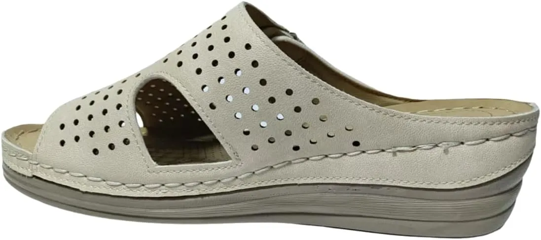Women's Perforated Comfort Slide Sandals, Beige, Slip-On Wedge Heel