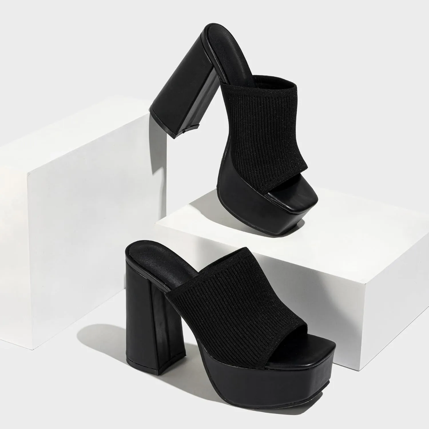 Women's Platform Chunky Heel Sandals Slip-On Square Open Toe High Heel Sandals Knitted Comfortable Dress Sandals