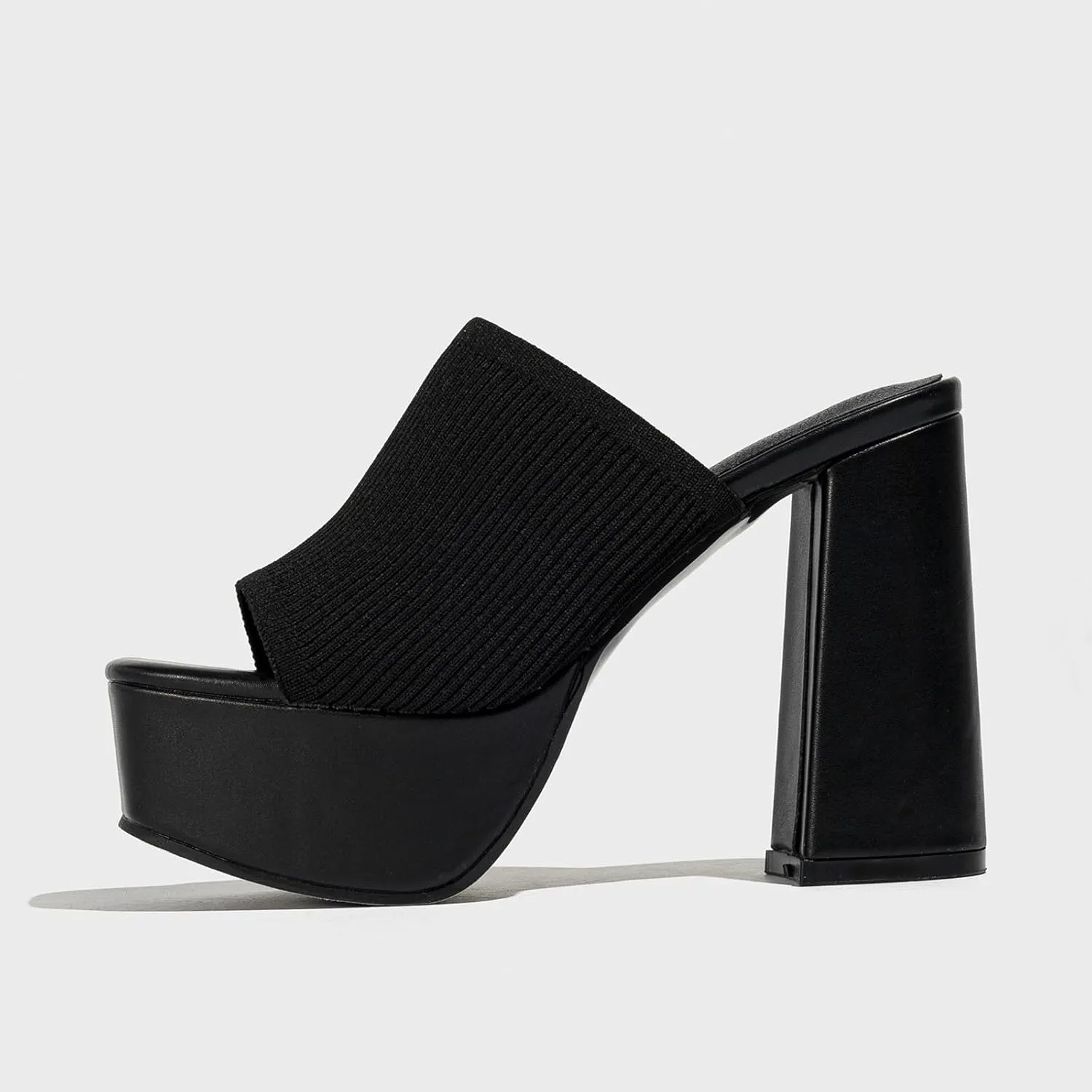 Women's Platform Chunky Heel Sandals Slip-On Square Open Toe High Heel Sandals Knitted Comfortable Dress Sandals
