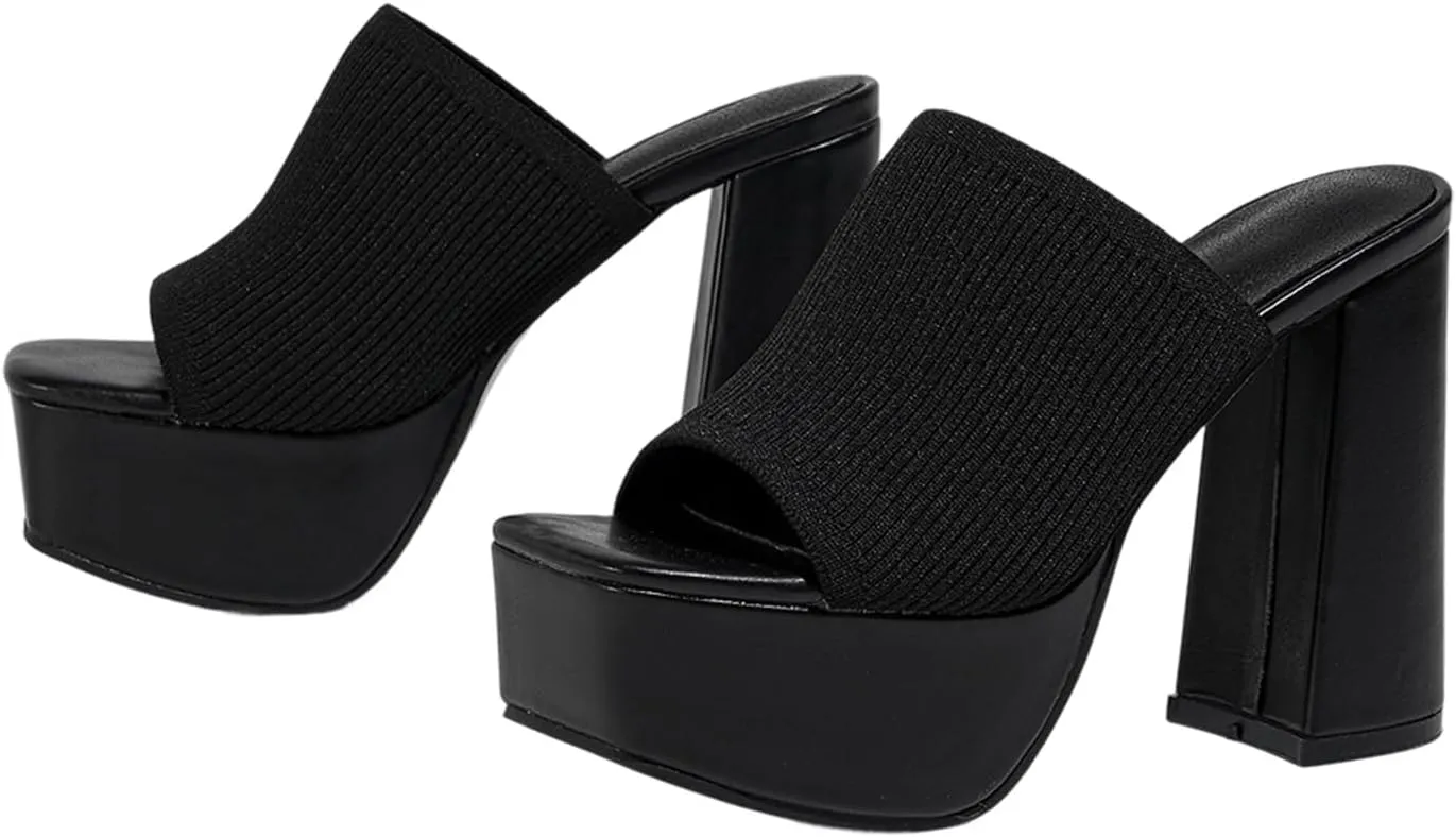 Women's Platform Chunky Heel Sandals Slip-On Square Open Toe High Heel Sandals Knitted Comfortable Dress Sandals