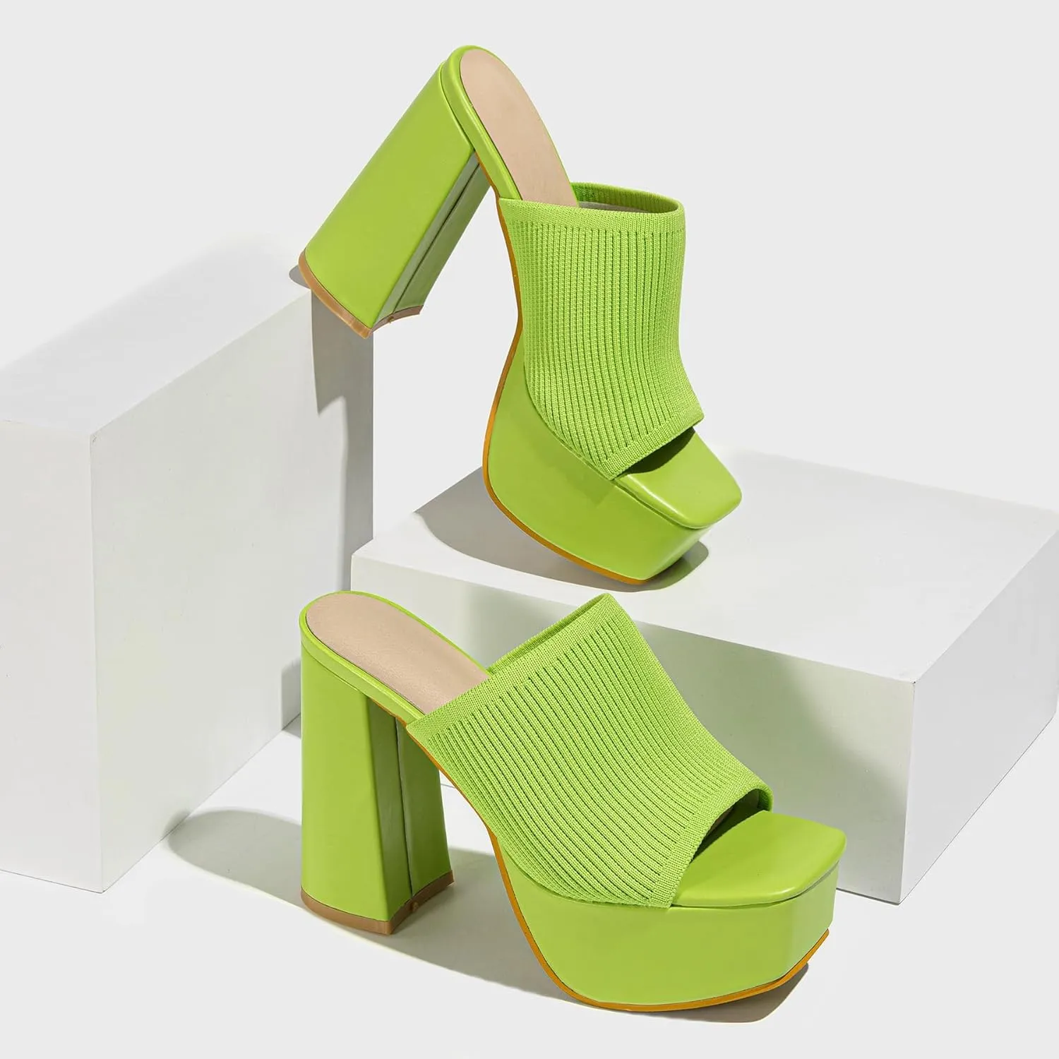 Women's Platform Chunky Heel Sandals Slip-On Square Open Toe High Heel Sandals Knitted Comfortable Dress Sandals