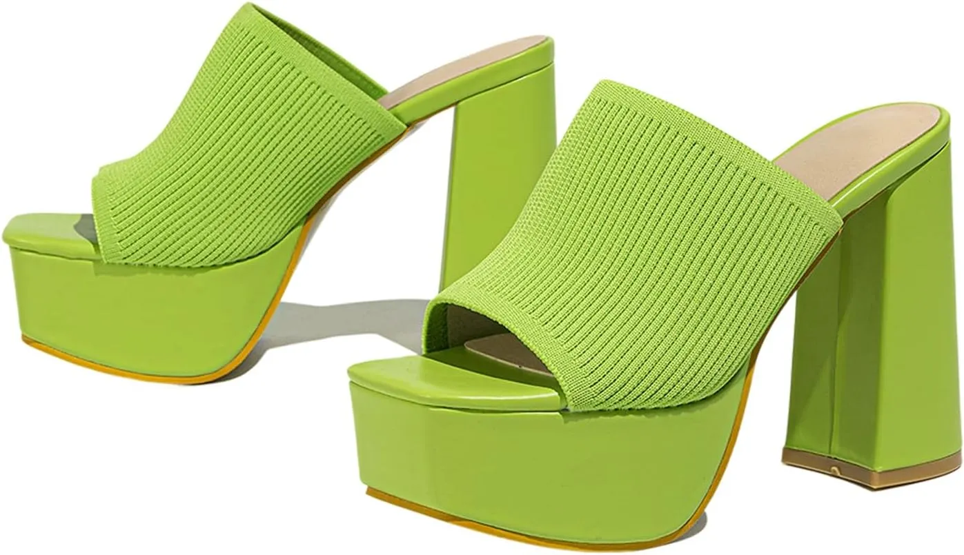 Women's Platform Chunky Heel Sandals Slip-On Square Open Toe High Heel Sandals Knitted Comfortable Dress Sandals