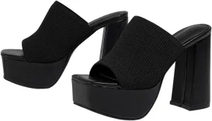 Women's Platform Chunky Heel Sandals Slip-On Square Open Toe High Heel Sandals Knitted Comfortable Dress Sandals