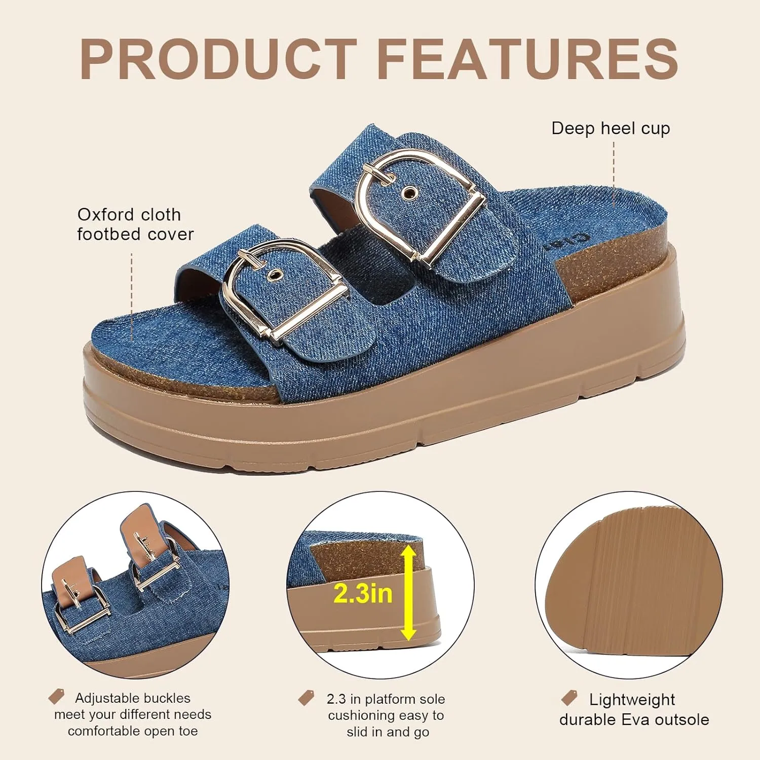 Womens Platform Sandals Cork Footbed with Comfort Double Buckles,Slip on Platform Slides Summer Beach Wide Widths Sandal Shoes