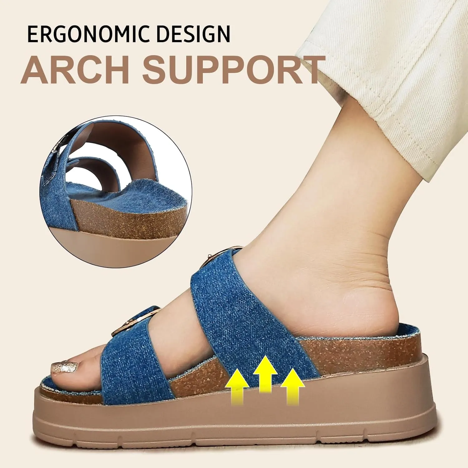 Womens Platform Sandals Cork Footbed with Comfort Double Buckles,Slip on Platform Slides Summer Beach Wide Widths Sandal Shoes