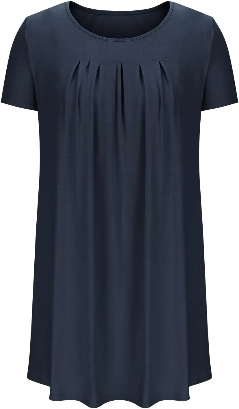 Womens Pleated Front Summer Dresses Casual Short Sleeve T Shirts Dress Cover Ups with Pockets Beach Vacation Outfits