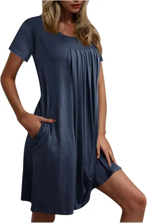 Womens Pleated Front Summer Dresses Casual Short Sleeve T Shirts Dress Cover Ups with Pockets Beach Vacation Outfits