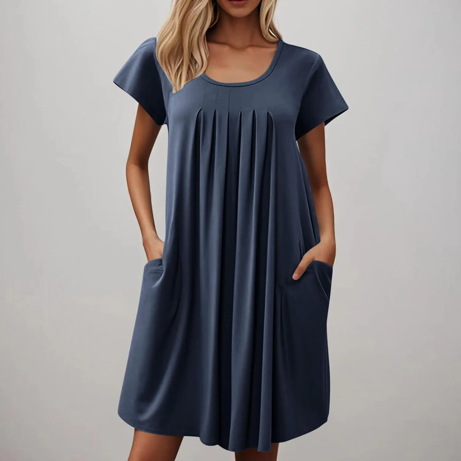 Womens Pleated Front Summer Dresses Casual Short Sleeve T Shirts Dress Cover Ups with Pockets Beach Vacation Outfits