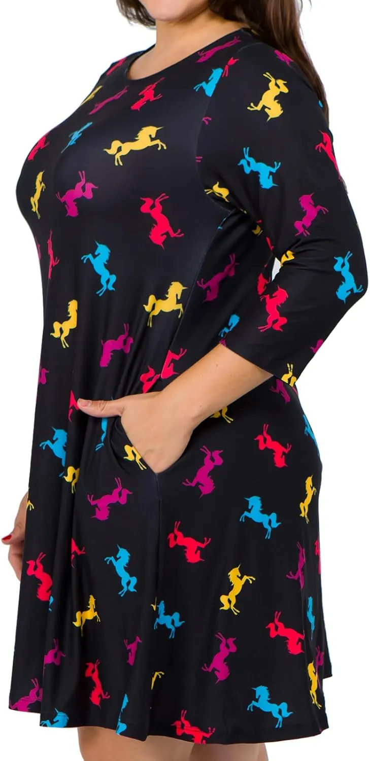 Women’s Printed Crew Neck A-Line Dresses with Pockets Casual Tropical Floral Novelty Animal Christmas Patterns
