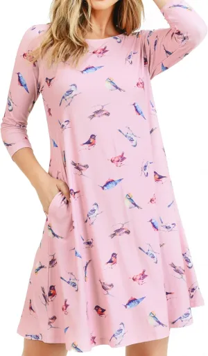 Women’s Printed Crew Neck A-Line Dresses with Pockets Casual Tropical Floral Novelty Animal Christmas Patterns