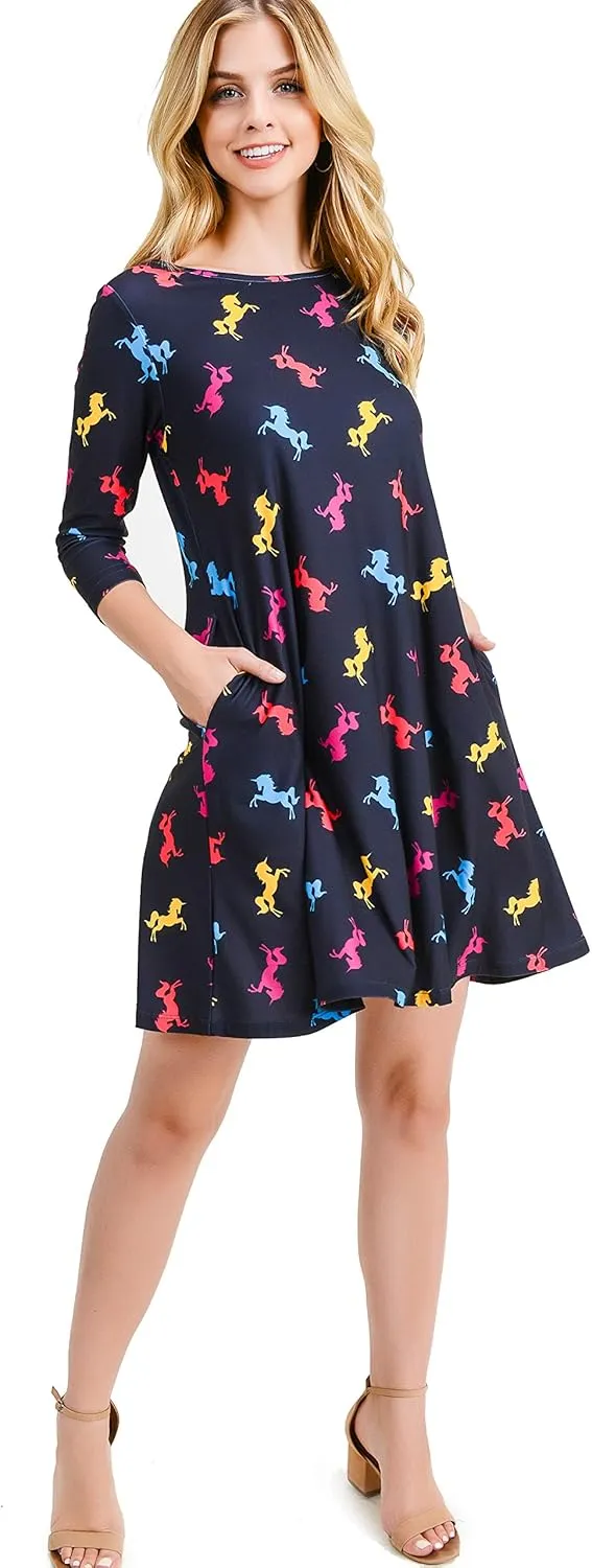 Women’s Printed Crew Neck A-Line Dresses with Pockets Casual Tropical Floral Novelty Animal Christmas Patterns