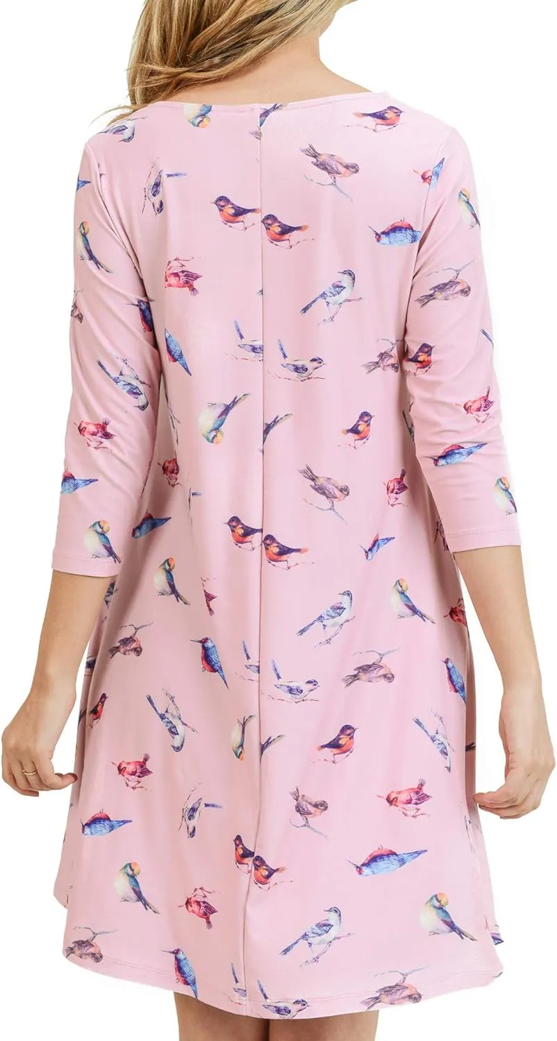 Women’s Printed Crew Neck A-Line Dresses with Pockets Casual Tropical Floral Novelty Animal Christmas Patterns