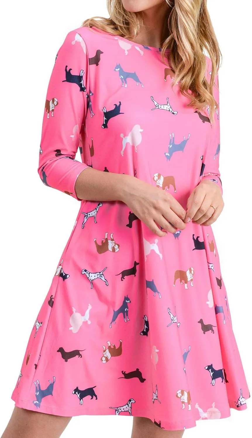 Women’s Printed Crew Neck A-Line Dresses with Pockets Casual Tropical Floral Novelty Animal Christmas Patterns