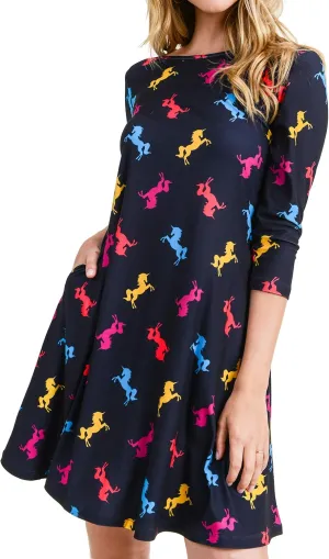 Women’s Printed Crew Neck A-Line Dresses with Pockets Casual Tropical Floral Novelty Animal Christmas Patterns