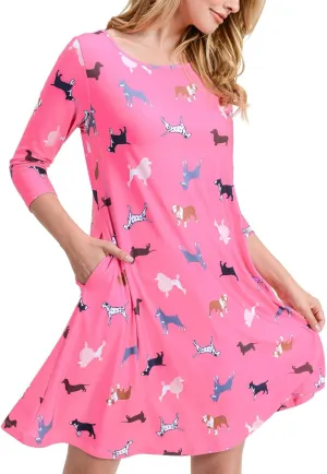 Women’s Printed Crew Neck A-Line Dresses with Pockets Casual Tropical Floral Novelty Animal Christmas Patterns