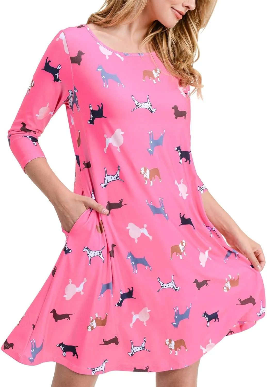 Women’s Printed Crew Neck A-Line Dresses with Pockets Casual Tropical Floral Novelty Animal Christmas Patterns