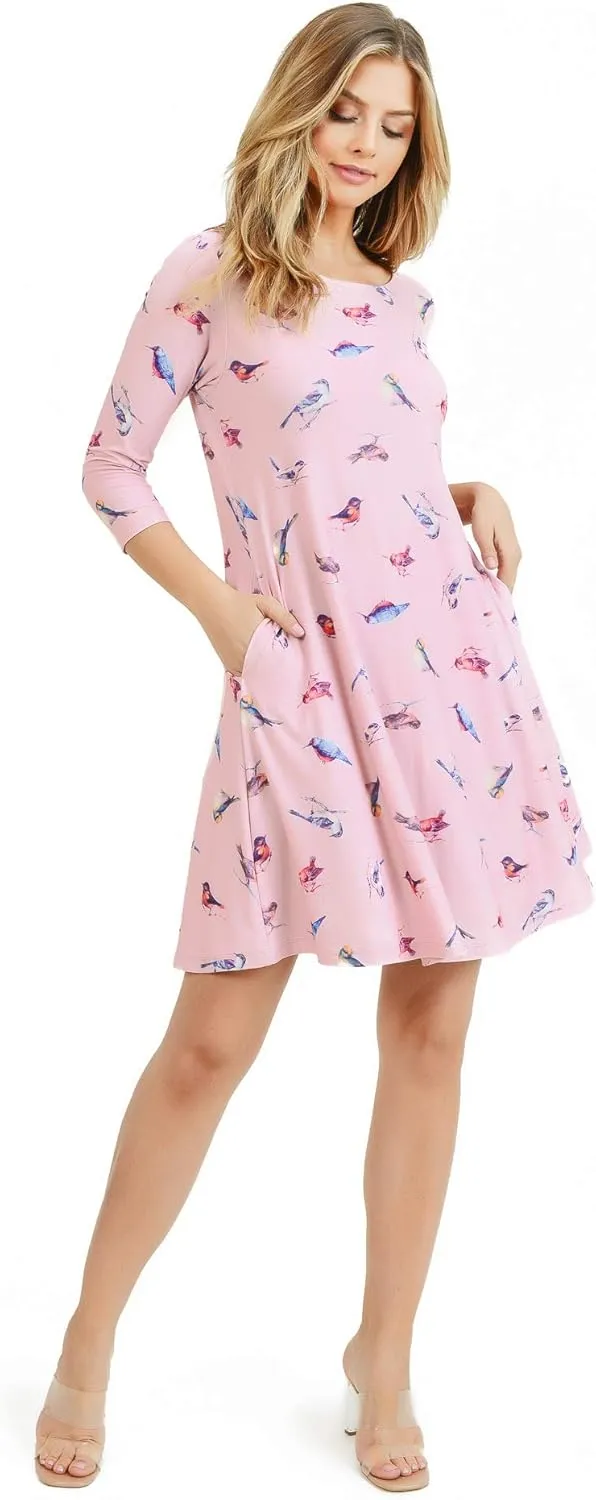 Women’s Printed Crew Neck A-Line Dresses with Pockets Casual Tropical Floral Novelty Animal Christmas Patterns