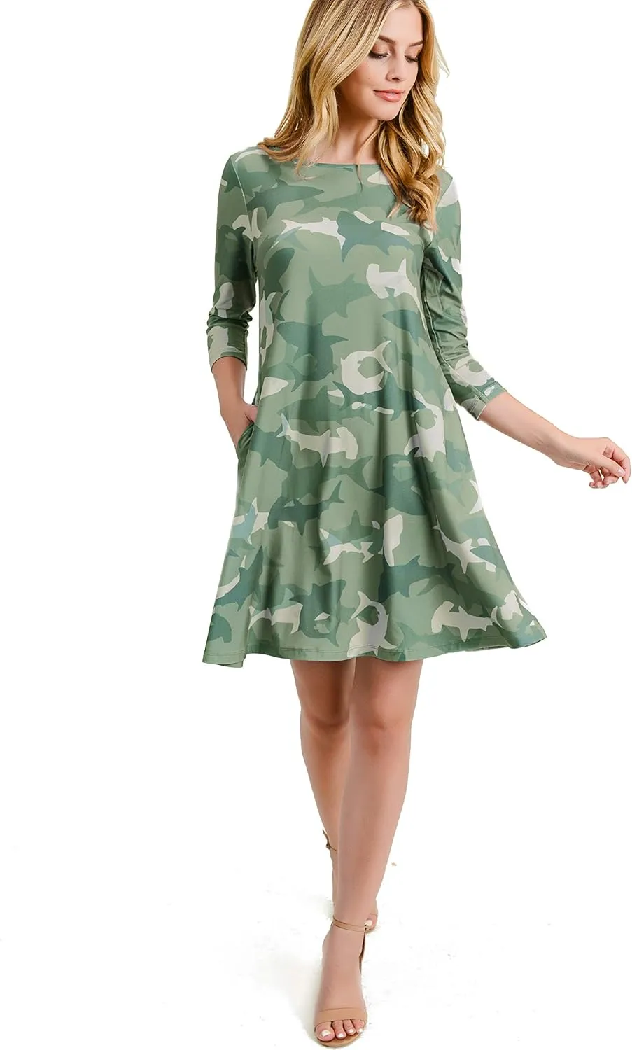 Women’s Printed Crew Neck A-Line Dresses with Pockets Casual Tropical Floral Novelty Animal Christmas Patterns