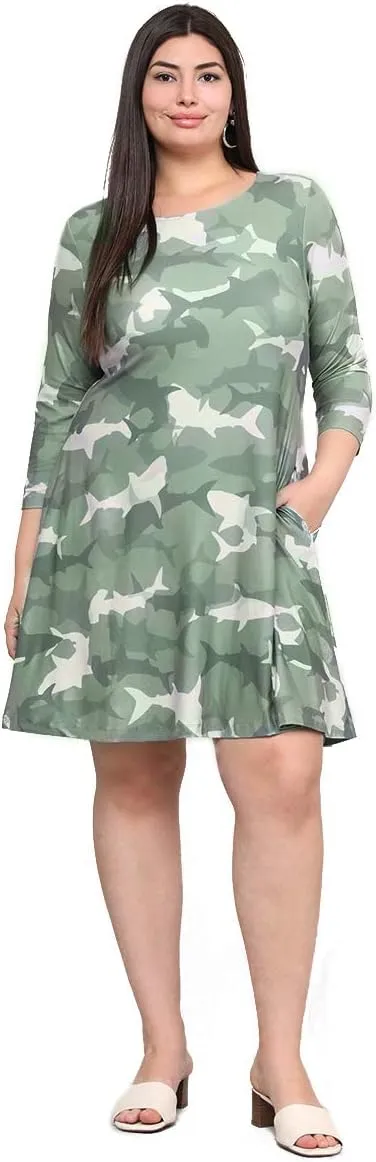 Women’s Printed Crew Neck A-Line Dresses with Pockets Casual Tropical Floral Novelty Animal Christmas Patterns