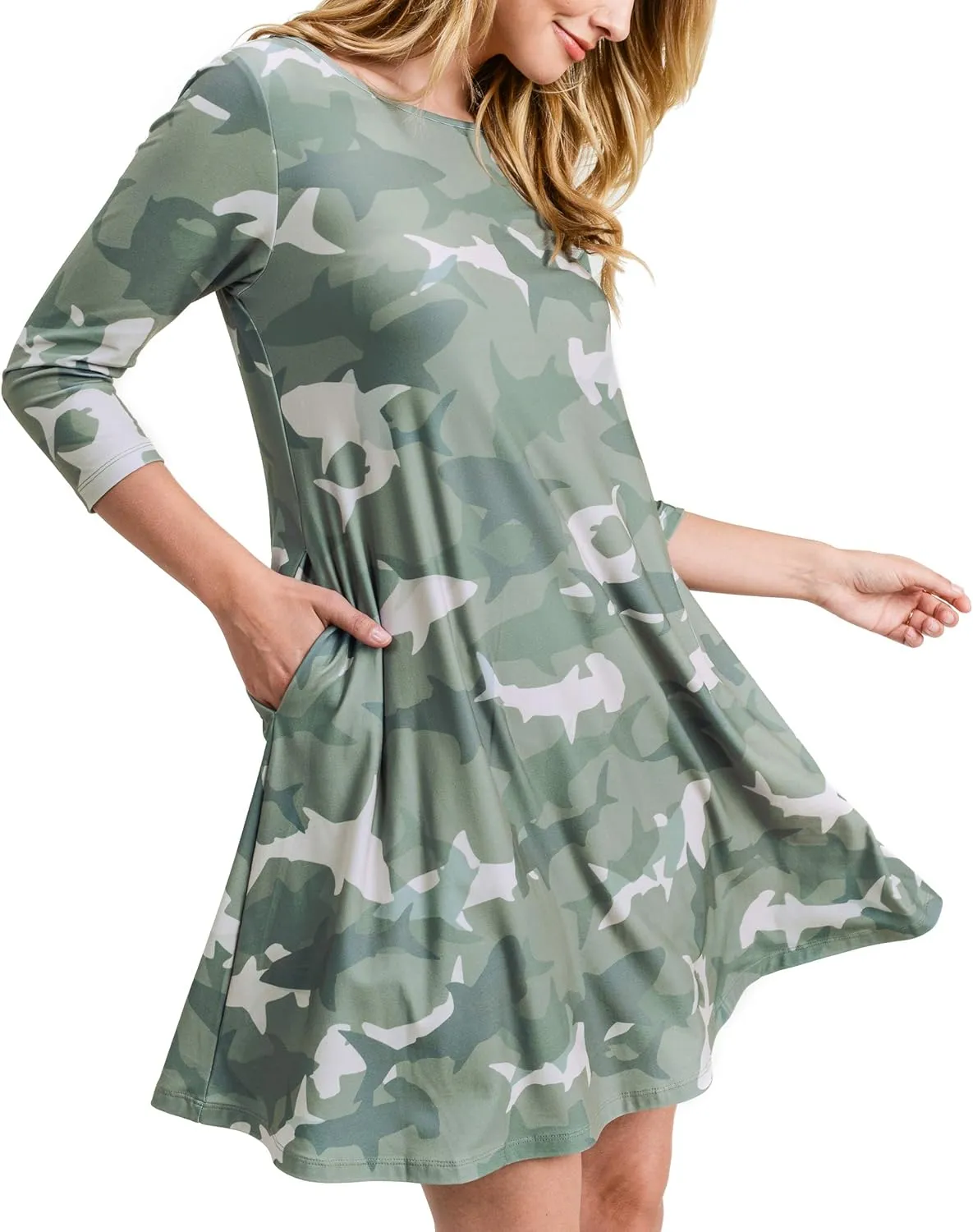 Women’s Printed Crew Neck A-Line Dresses with Pockets Casual Tropical Floral Novelty Animal Christmas Patterns