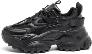 Women's Retro Fashion Sneakers - Chunky Platform Trainers for Spring/Autumn, Casual Round Head Single Shoes with Lace-Up Design,Black-37