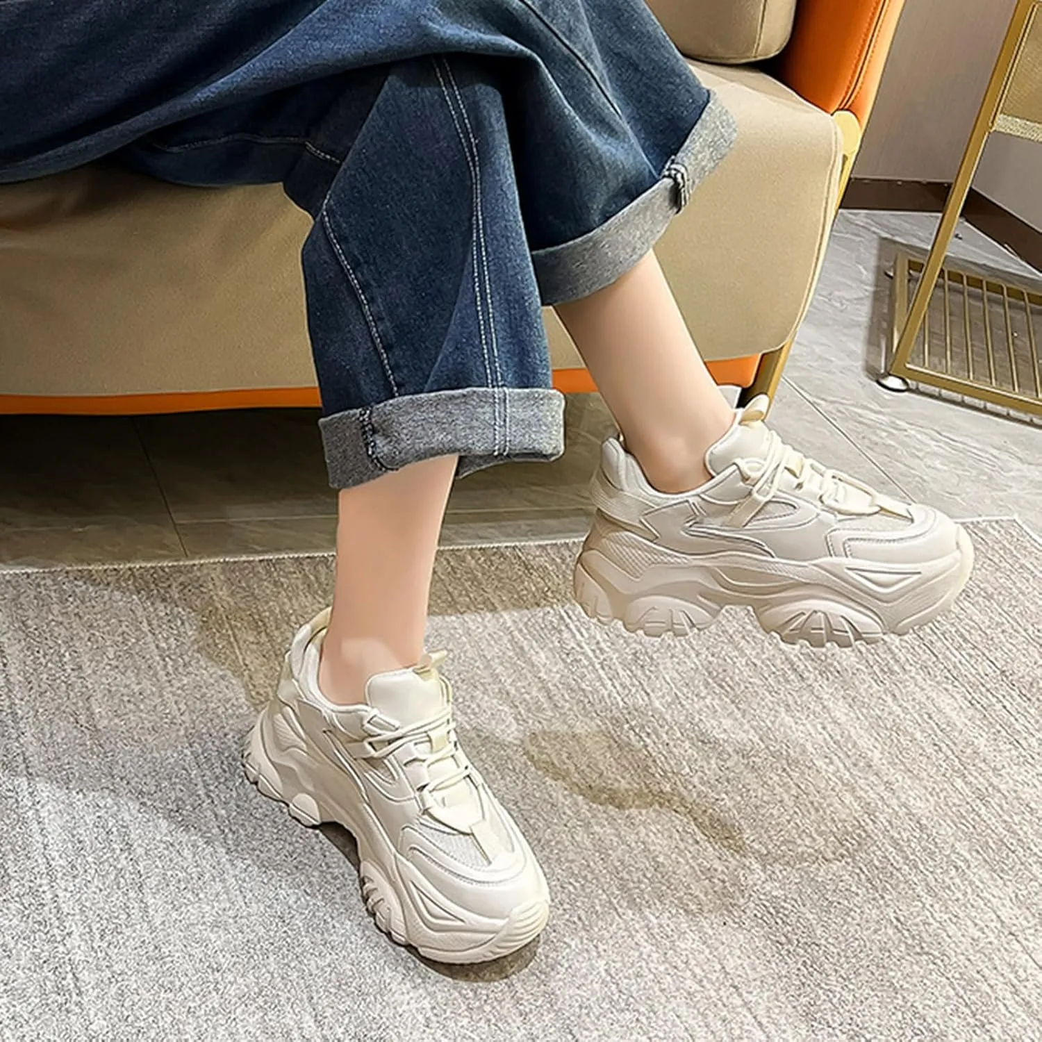 Women's Retro Fashion Sneakers - Chunky Platform Trainers for Spring/Autumn, Casual Round Head Single Shoes with Lace-Up Design,Black-37