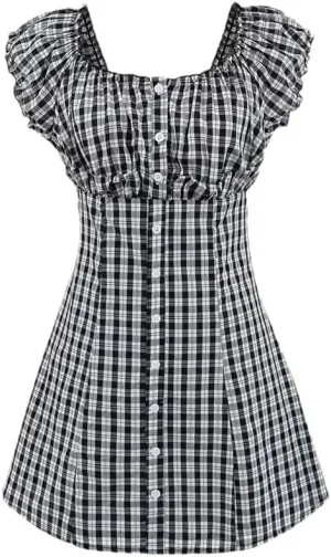 Women's Retro Lotus Leaf Edge Plaid Flying Sleeve A-Line Mini Dress Beach Party Dresses