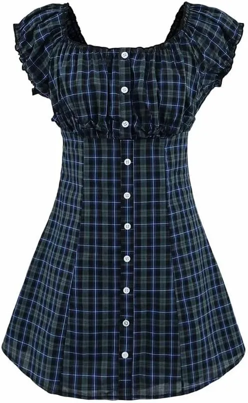 Women's Retro Lotus Leaf Edge Plaid Flying Sleeve A-Line Mini Dress Beach Party Dresses