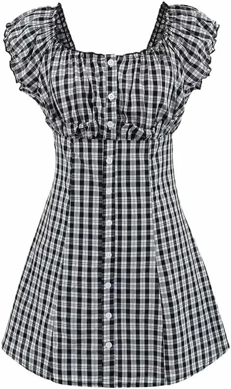 Women's Retro Lotus Leaf Edge Plaid Flying Sleeve A-Line Mini Dress Beach Party Dresses