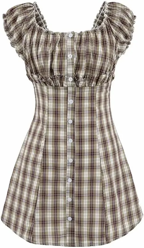 Women's Retro Lotus Leaf Edge Plaid Flying Sleeve A-Line Mini Dress Beach Party Dresses