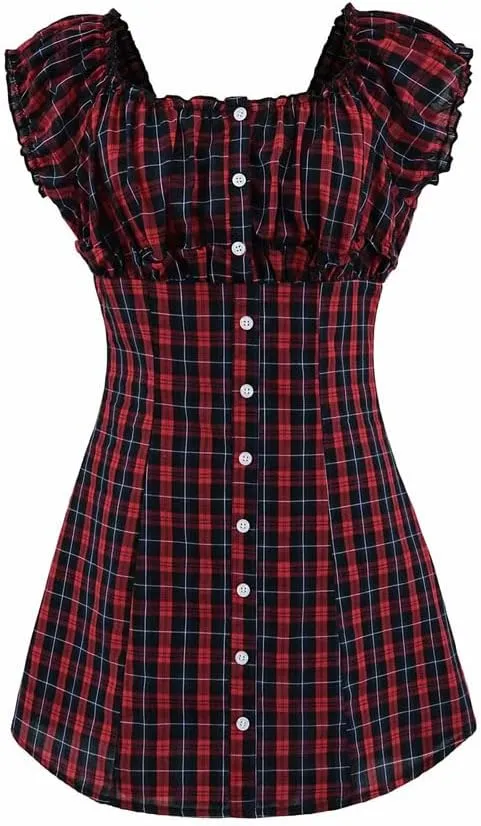 Women's Retro Lotus Leaf Edge Plaid Flying Sleeve A-Line Mini Dress Beach Party Dresses