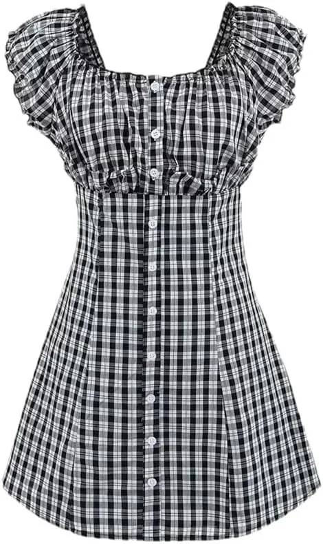 Women's Retro Lotus Leaf Edge Plaid Flying Sleeve A-Line Mini Dress Beach Party Dresses
