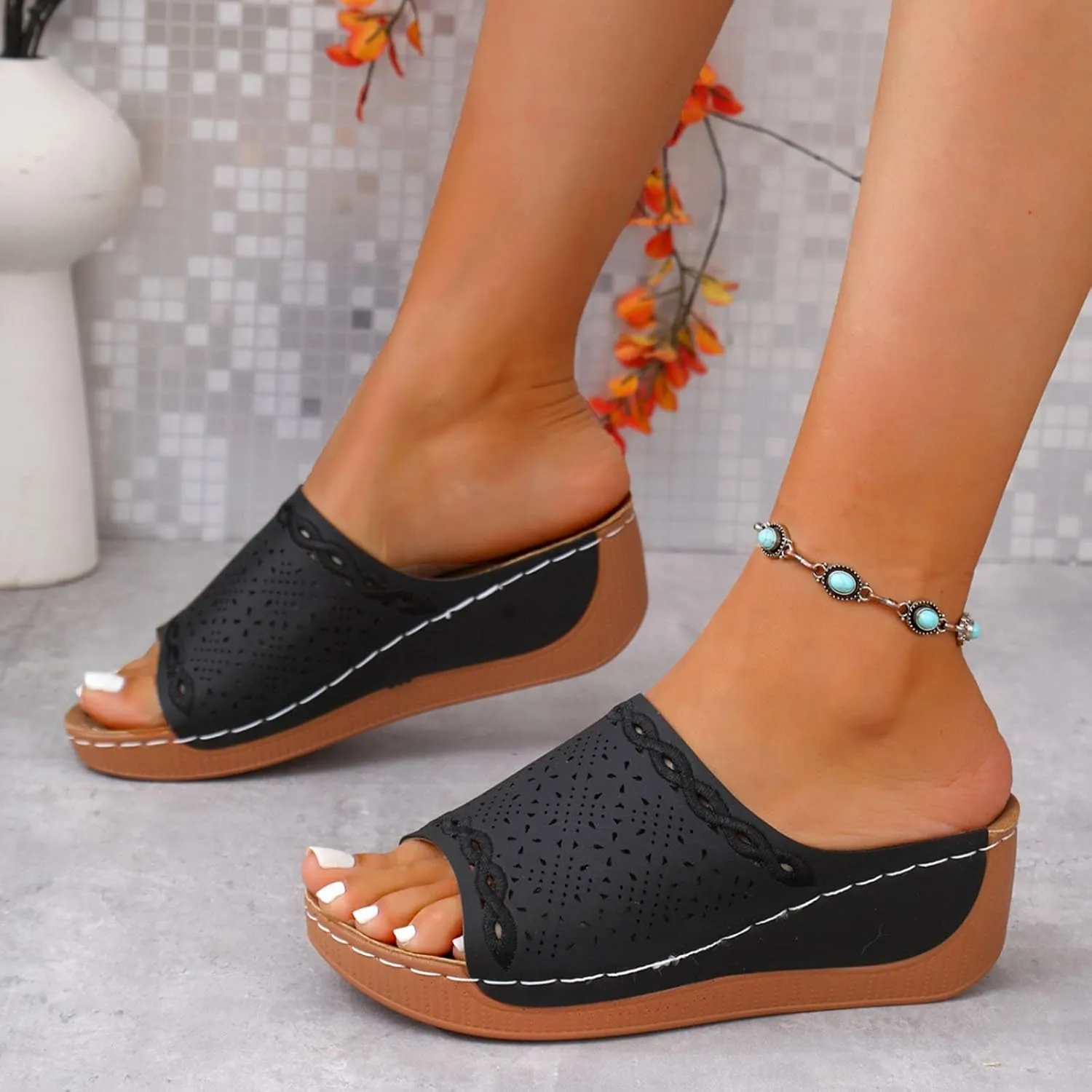 Womens Sandals Comfortable Orthopedic Arch Support All Day Walking Open Toe Pu Leather Slip On Platform Wedge Sandals