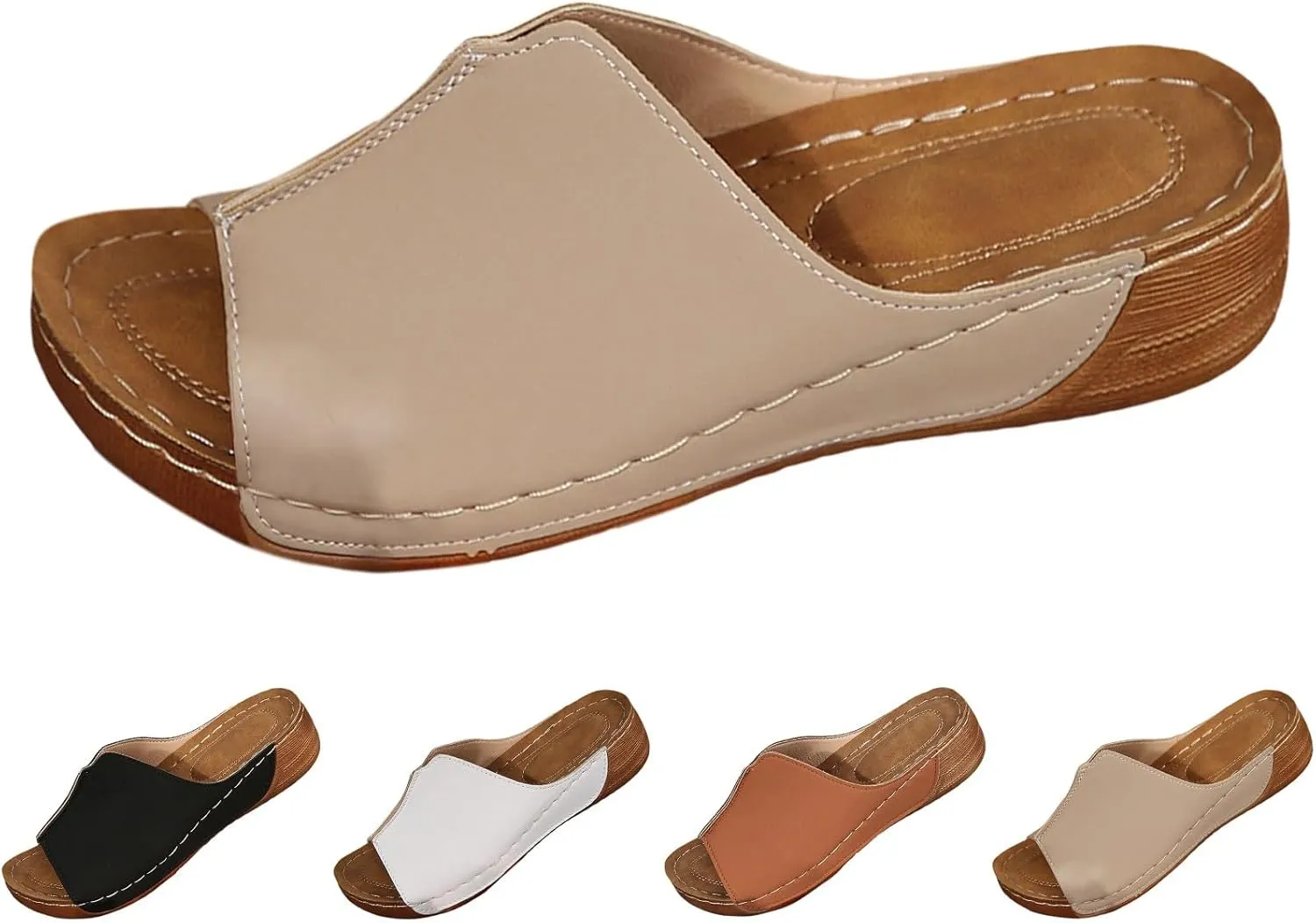 Womens Sandals Comfortable Orthopedic Arch Support All Day Walking Open Toe Pu Leather Slip On Platform Wedge Sandals