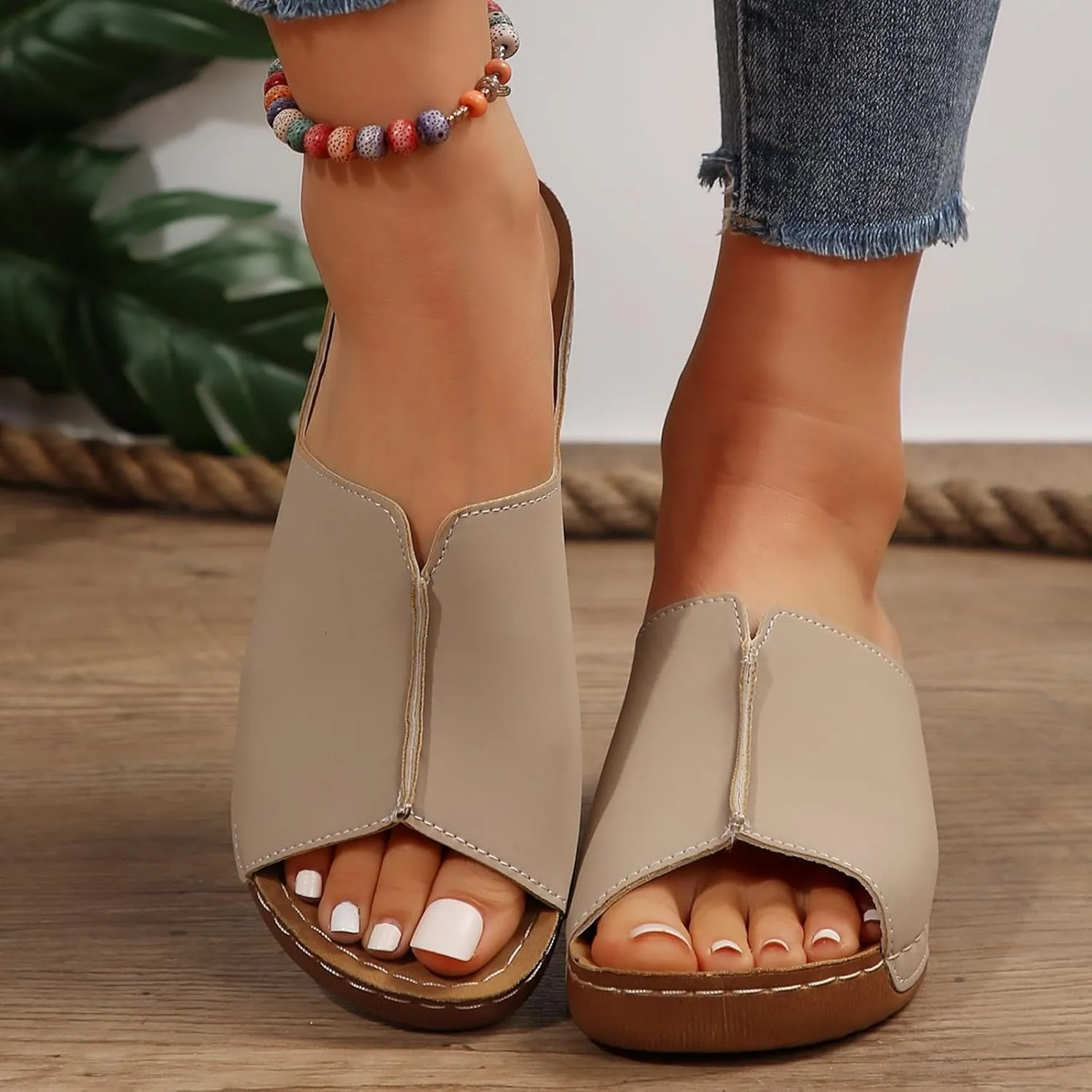 Womens Sandals Comfortable Orthopedic Arch Support All Day Walking Open Toe Pu Leather Slip On Platform Wedge Sandals