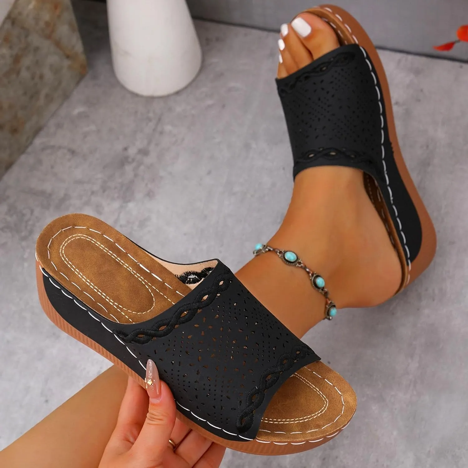 Womens Sandals Comfortable Orthopedic Arch Support All Day Walking Open Toe Pu Leather Slip On Platform Wedge Sandals