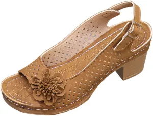Womens Sandals Hollow Out Flower Decoration Chunky Heel Wedge Sandal Classic Casual Shoes Beach Vacation Walking Shoes Open Toe Sandal with Adjustable Hoop and Loop