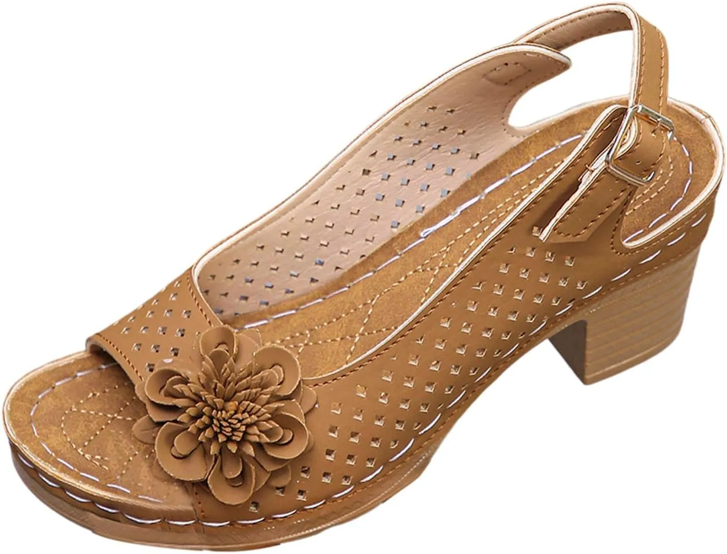 Womens Sandals Hollow Out Flower Decoration Chunky Heel Wedge Sandal Classic Casual Shoes Beach Vacation Walking Shoes Open Toe Sandal with Adjustable Hoop and Loop