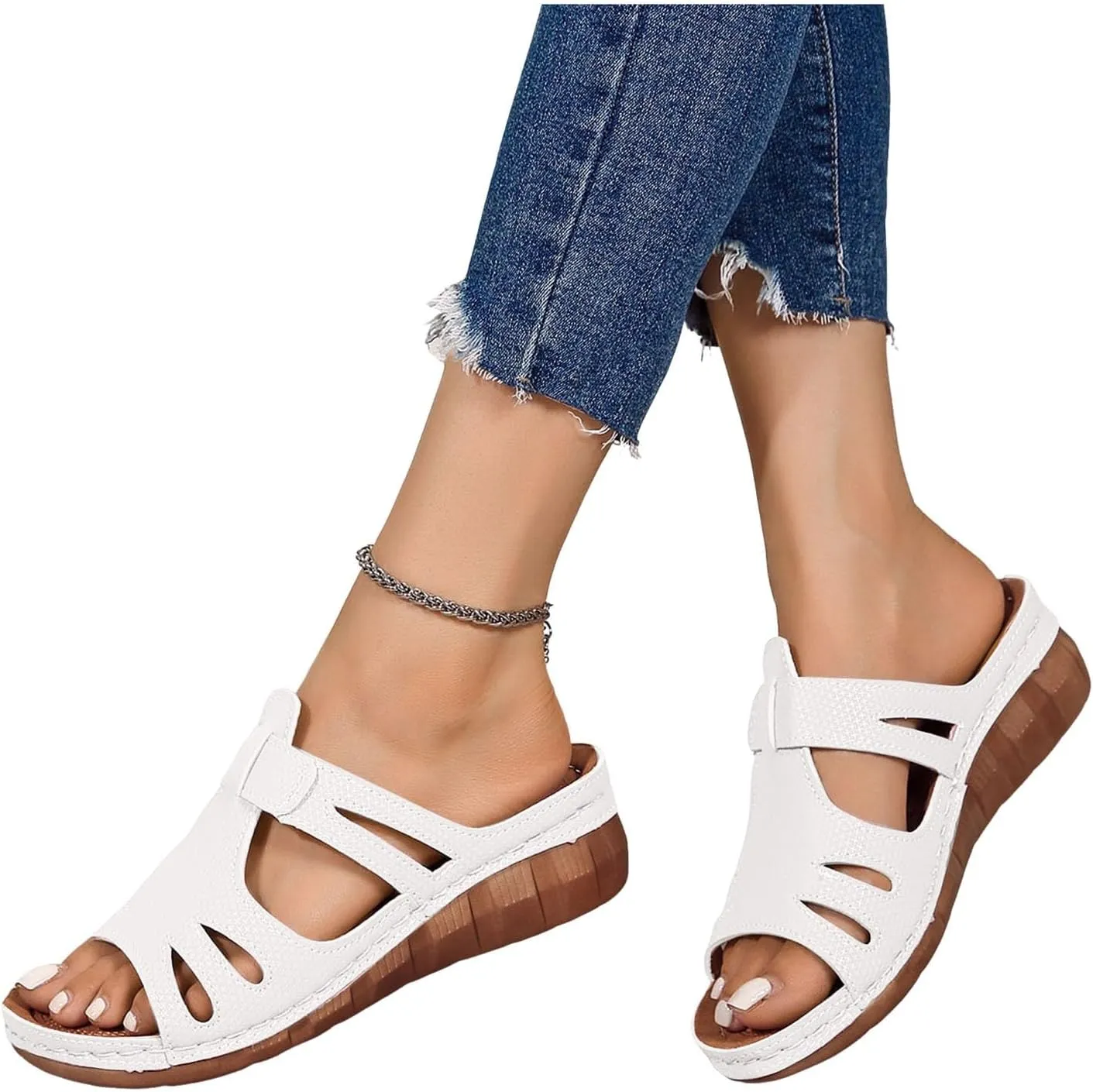 Women's Slide Sandals Orthopedic Low Wedge Heels Sandal Open Toe T-Strap Hollow Out Slip On Slides Ladies Arch Support Summer Comfy Slippers Casual Shoes Recovery Mules Wide Shoe for Daily Wear