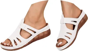 Women's Slide Sandals Orthopedic Low Wedge Heels Sandal Open Toe T-Strap Hollow Out Slip On Slides Ladies Arch Support Summer Comfy Slippers Casual Shoes Recovery Mules Wide Shoe for Daily Wear