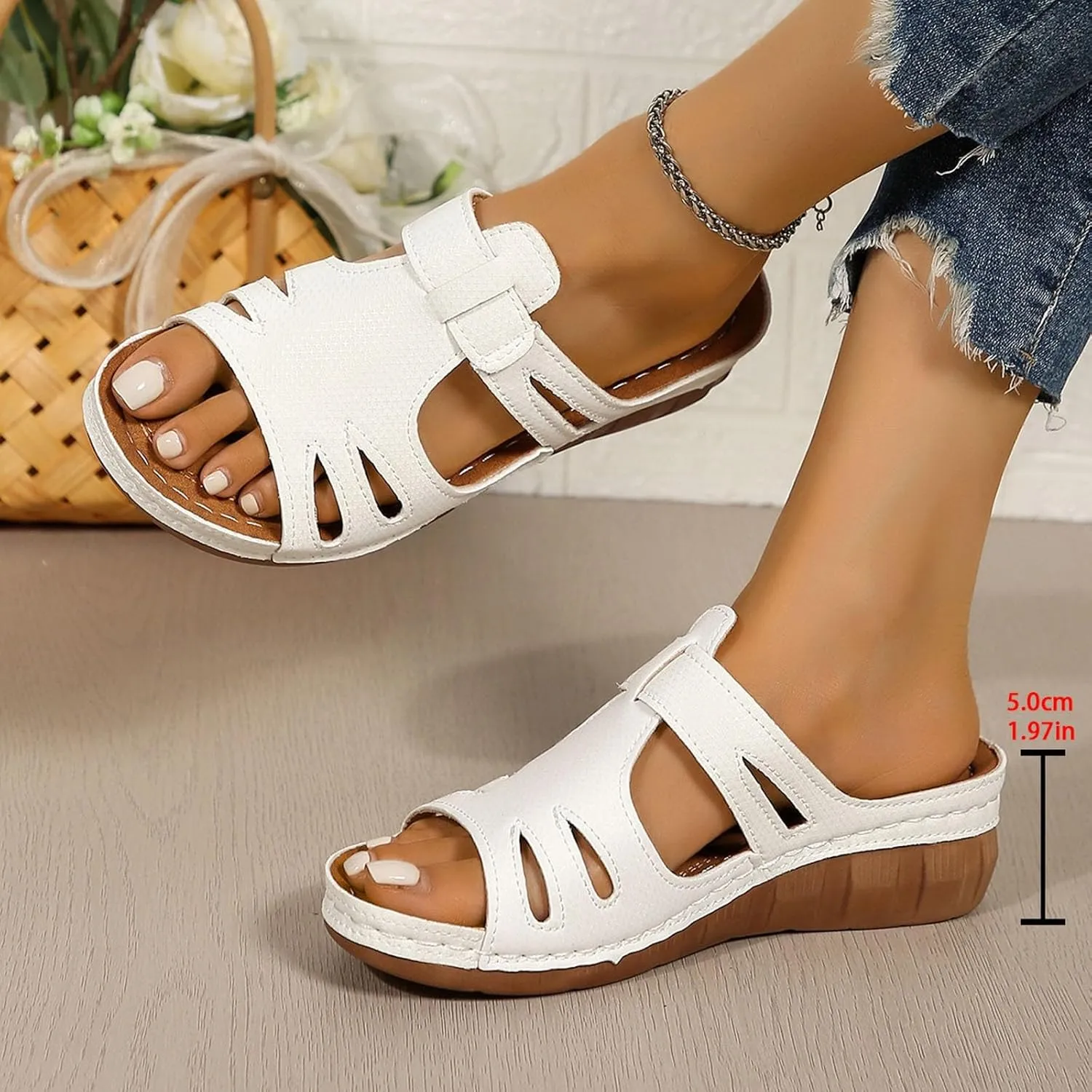 Women's Slide Sandals Orthopedic Low Wedge Heels Sandal Open Toe T-Strap Hollow Out Slip On Slides Ladies Arch Support Summer Comfy Slippers Casual Shoes Recovery Mules Wide Shoe for Daily Wear