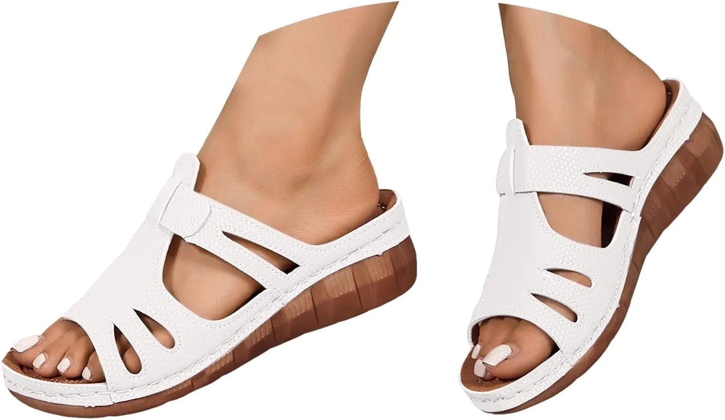 Women's Slide Sandals Orthopedic Low Wedge Heels Sandal Open Toe T-Strap Hollow Out Slip On Slides Ladies Arch Support Summer Comfy Slippers Casual Shoes Recovery Mules Wide Shoe for Daily Wear