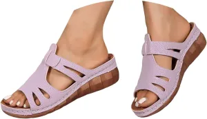 Women's Slide Sandals Orthopedic Low Wedge Heels Sandal Open Toe T-Strap Hollow Out Slip On Slides Ladies Arch Support Summer Comfy Slippers Casual Shoes Recovery Mules Wide Shoe for Daily Wear